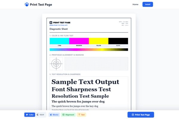 Standard Color Print Test Page displaying CMYK bars and alignment grids